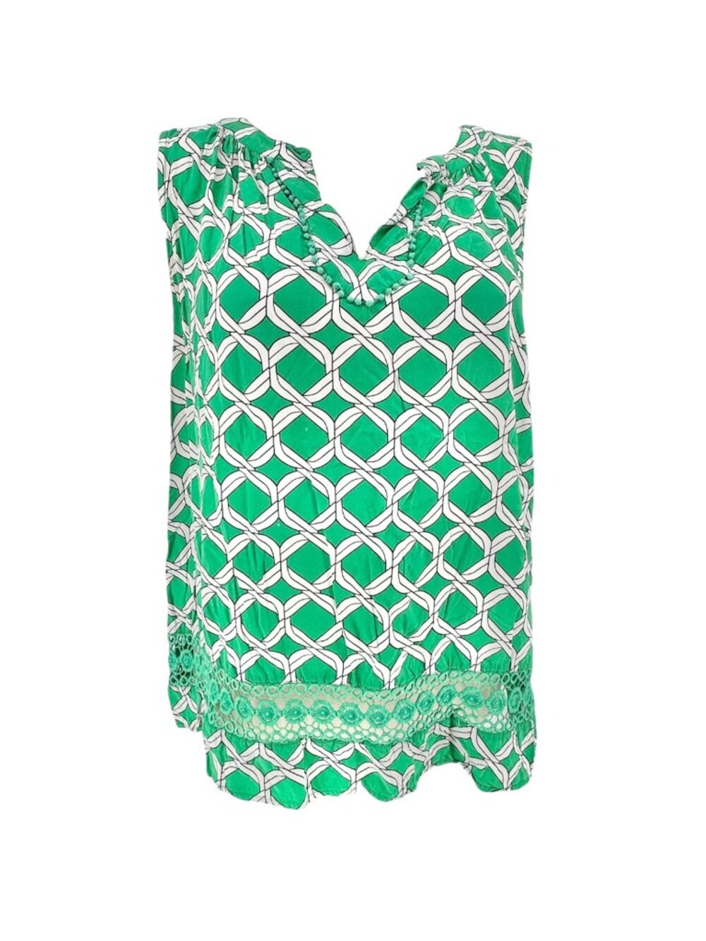 Sleeveless Tunic Top Womens 2X Green White Print Crochet Inset Crown & Ivy Curvy